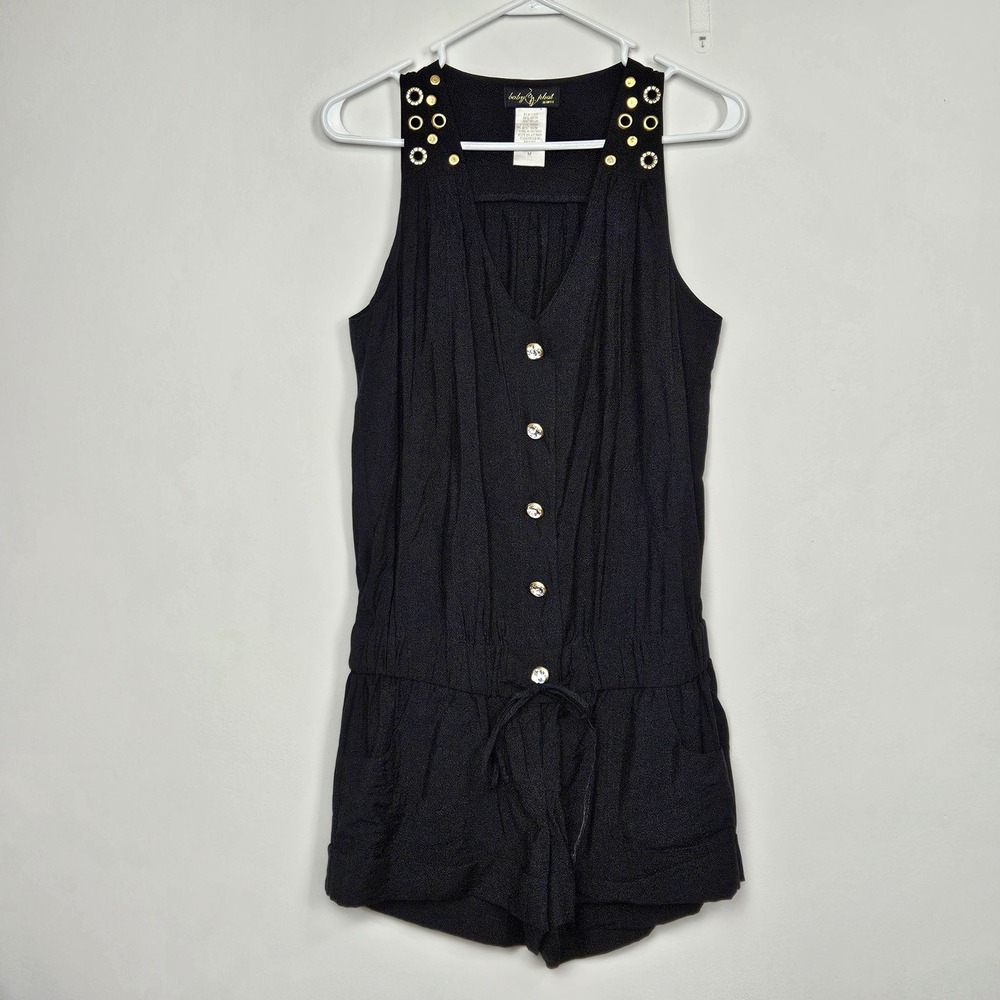 Baby Phat Romper Womens Sz M Black Studded V-Neck Sleeveless Drawstring Waist